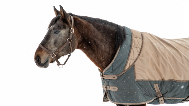 A horse with a winter blanket, isolated on a transparent background.