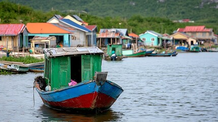 Colorful Fishing Boat at Floating Village with Scenic Landscape