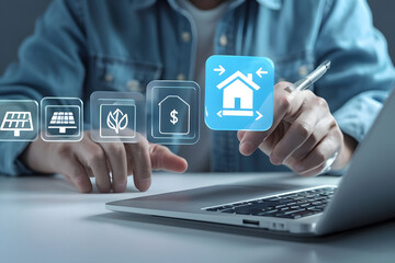 businessman pressing social network icon, Person's Hand Selecting Holographic Icons Above Laptop