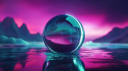 Luminous glass egg-shaped sphere floating on tranquil water surface surrounded by majestic mountains under gradient purple-pink sky, ultra-realistic 3D rendering with cinematic lighting and hyper-deta