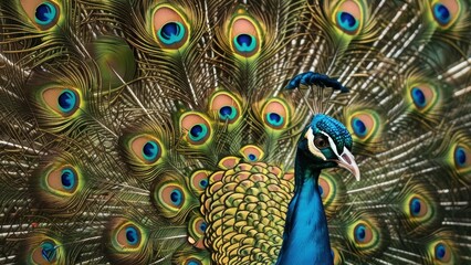 Obraz premium Vibrant peacock displays shimmering feathers, showcasing its iridescent beauty.