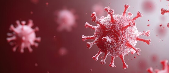 A 3D rendering of a virus, depicted in red tones, showcasing spikes and a textured surface against a blurred background.