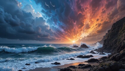 Obraz premium Dramatic Sunset Over Ocean Waves with Dark Clouds and Vibrant Colors