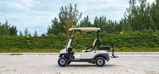Golf Cart Parked on the Street, Transportation on Bimini Island, Bahamas. © Nancy Pauwels