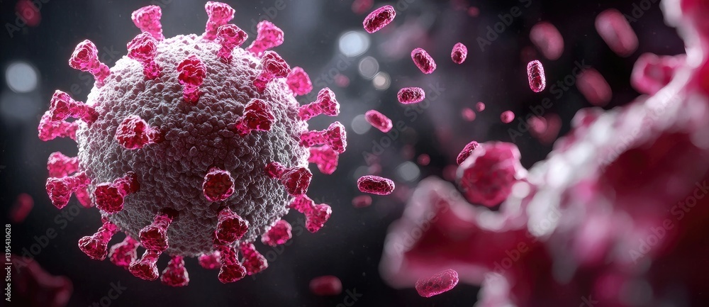 Poster a close-up view of a virus, showcasing its structure with spikes and surrounding particles, emphasiz