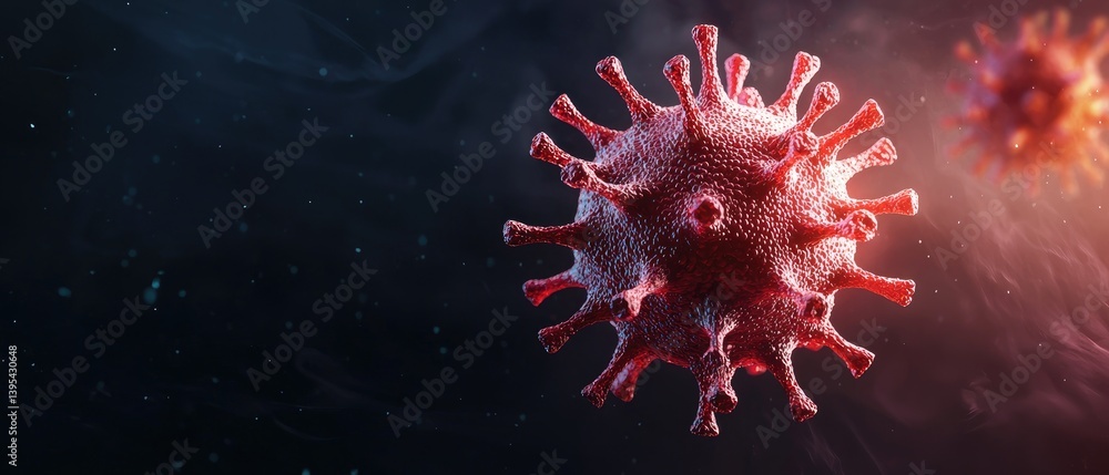 Poster a close-up view of a virus, showcasing its intricate structure and spiky surface, set against a dark