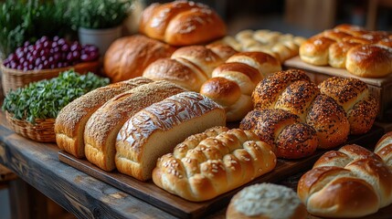 Artisan Bread Selection: A tempting array of freshly baked artisan breads, showcasing a delightful variety of textures, shapes, and golden-brown crusts.