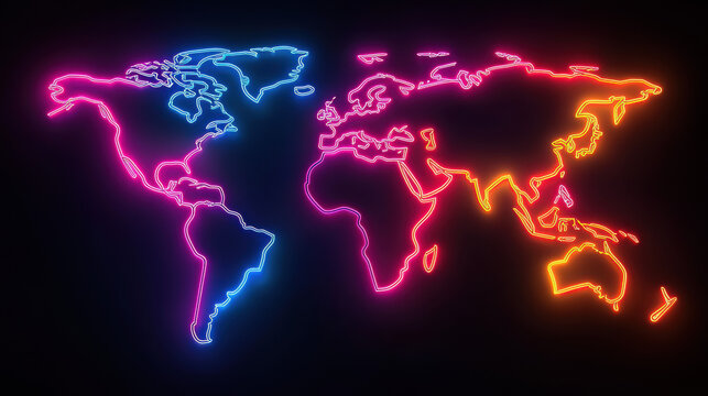 A vibrant neon outline of the world map glows brightly against a stark black background ideal for global themes travel concepts and futuristic designs.