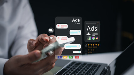 Ad, Market, Product ads, Online advertising concept, Internet advertising marketing social media, Businesswoman using laptop with chat on dashboard digital marketing strategy analysis for branding.
