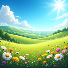 Beautiful Floral Field under a Clear Sky with Sunshine