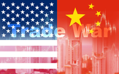 Naklejka premium Trade war symbols, Tariff barriers between US and China, USA and China flags on cracked concrete background, USA and China trade war, USA and China trade relations, Symbol of tariff trade war tax.