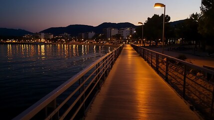 Obraz premium Serene Seaside Boardwalk at Dusk with Coastal Town.