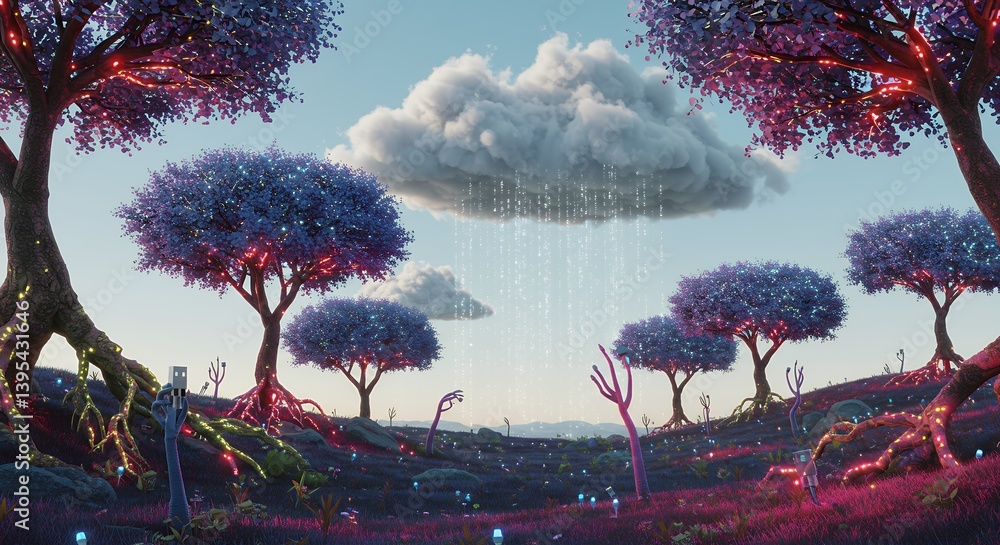 Poster surreal landscape with digital rain falling from cloud onto enchanted forest trees and glowing flora