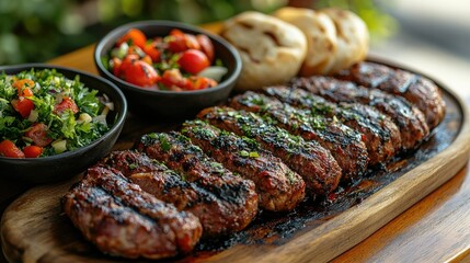 Grilled Meat Dish: A mouthwatering assortment of grilled meats and side dishes are beautifully presented, showcasing the artistry of culinary creations, capturing the essence of flavor and appeal.