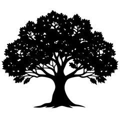 Single big Oak tree and leaves silhouette vector on white background