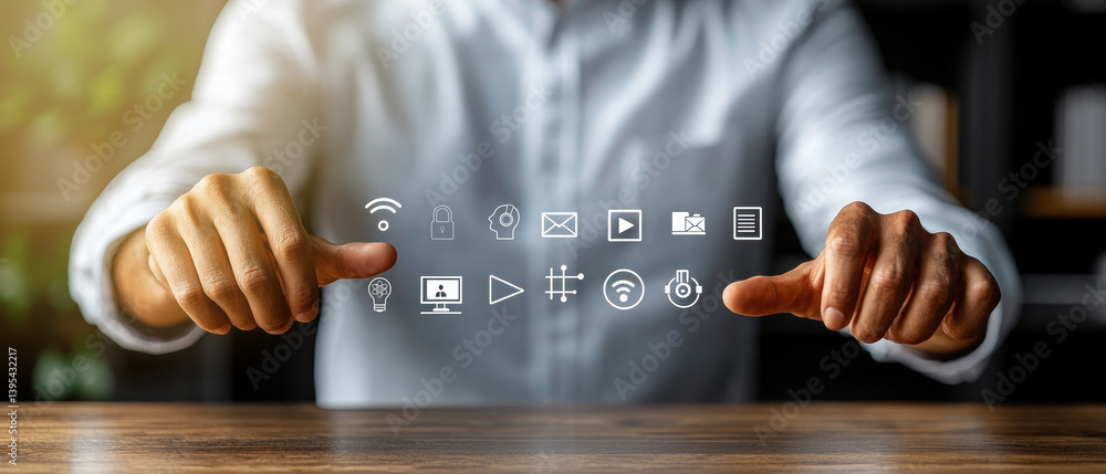 Poster businessman interacting with digital icons representing technology and communication, showcasing mod