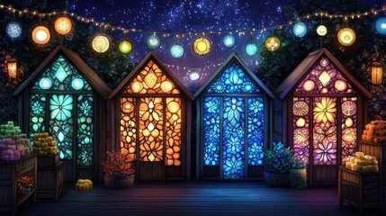 Obraz premium Stained glass magic scenes for festival Colorful Lanterns and Stained Glass in Enchanting Night Setting Stain glass fantasy