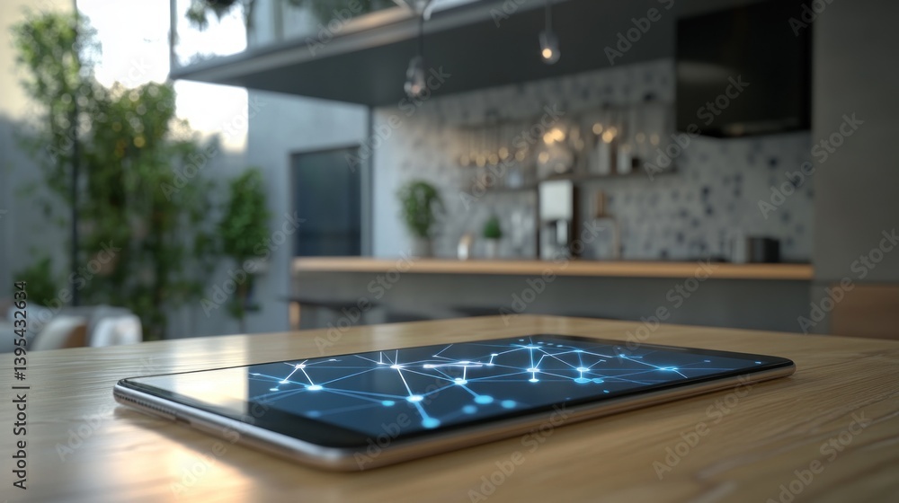 Poster tablet displaying network connections on a cafe table.