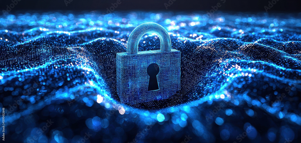 Poster digital representation of padlock symbolizes data protection and privacy, surrounded by shimmering blue waves, evoking sense of security and technology