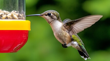 Vibrant Hummingbird Approaching Colorful Feeder in Nature Scene