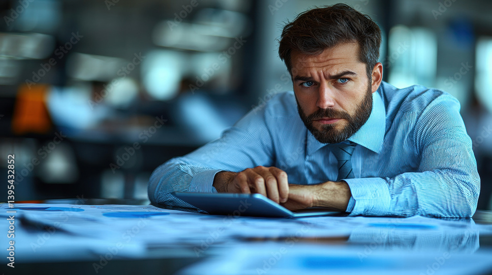Poster professional man analyzing data on tablet, surrounded by documents in modern office environment. his