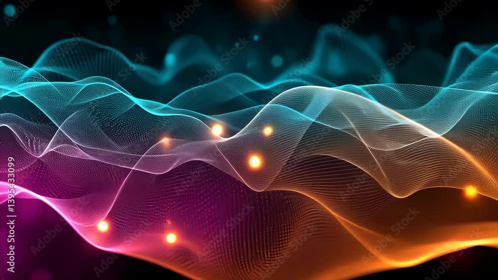 Aufkleber abstract flow of blue, orange and purple particles in a wave pattern, digital art for design and tec