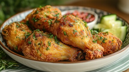 Golden Fried Chicken Drumsticks: a tempting view of golden fried chicken drumsticks on a plate, garnished with parsley, a side of tomato-based dipping sauce, and cucumber slices.