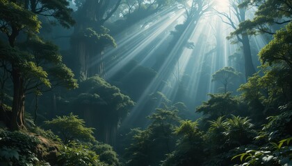 Obraz premium Sunlight Filtering Through Lush Green Trees in Serene Forest Setting