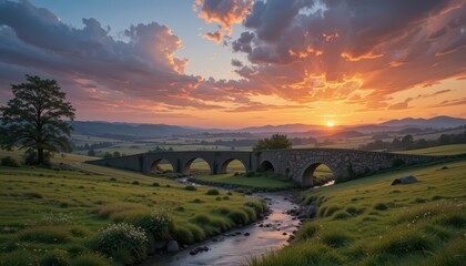 Serene Sunset Over Historic Stone Bridge in Lush Green Landscape