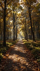 Fototapeta premium Serene Autumn Pathway Through a Golden Leaf Forest at Dawn