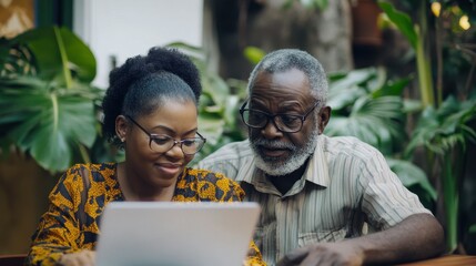 An older man and woman looking at something together