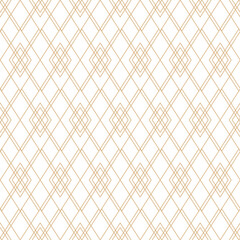 Fototapeta premium Gold lines argyle seamless pattern on white background. Luxurious geometric linear diamond plaid pattern.