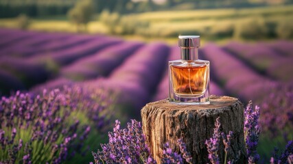 Perfume bottle on wood stump in lavender field, calm and luxurious scene.