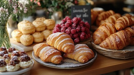 Bakery Delights: A tantalizing display of freshly baked croissants, pastries, and seasonal treats, capturing the essence of a delightful bakery. 