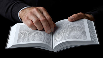Naklejka premium Close-up of man's hands cradling book on dark backdrop, reading concept, hands holding book, open book, black background, reading concept, male hands, knowledge symbol, study scene, dramatic lighting,