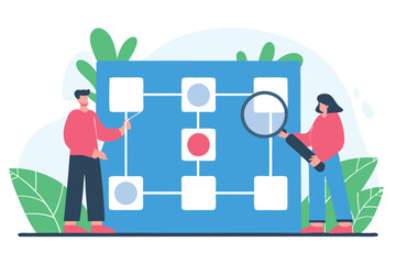 Analysis business team concept. A man and woman meet to discuss data development with graph and diagram on big screen. Adobe Illustrator Artwork