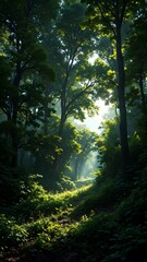 Obraz premium Serene Forest Pathway Surrounded by Lush Green Foliage and Sunlight