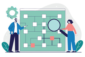Analysis business team concept. A man and woman meet to discuss data development with graph and diagram on big screen. Adobe Illustrator Artwork