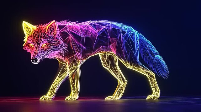 A vibrant, neon wireframe illustration of a wolf in a dark setting, showcasing intricate geometric patterns