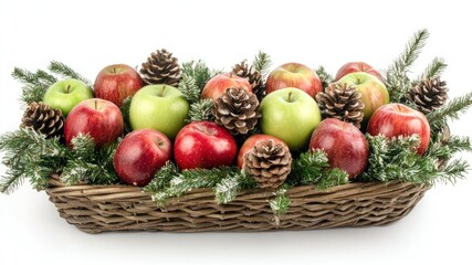 A rustic wicker basket overflowing with colorful apples and pine cones.
