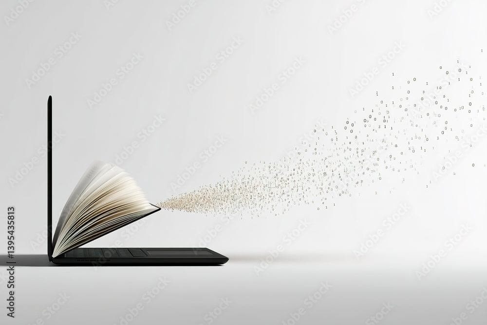 Poster conceptual artwork blending digital and traditional reading with a laptop and book creating a stream
