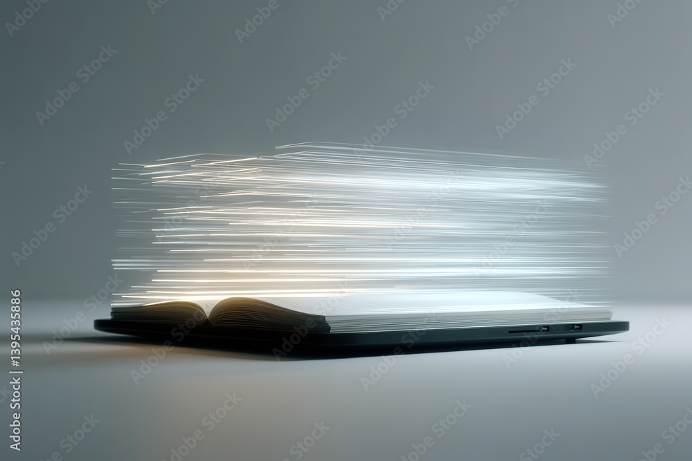 Poster creative digital representation of a book with pages flowing in motion, capturing the essence of kno