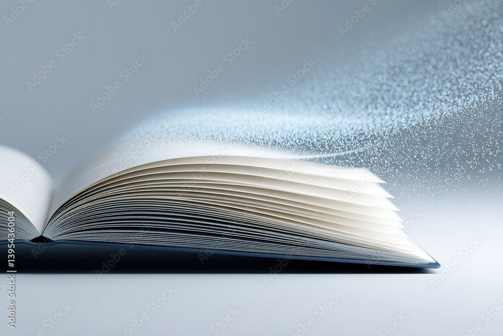 Poster pages of a book opening with an ethereal mist rising in a serene setting