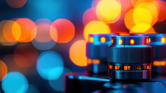 Close-up view of vintage camera lenses with illuminated aperture s set against a vibrant bokeh background of colorful lights perfect for photography or film related projects.