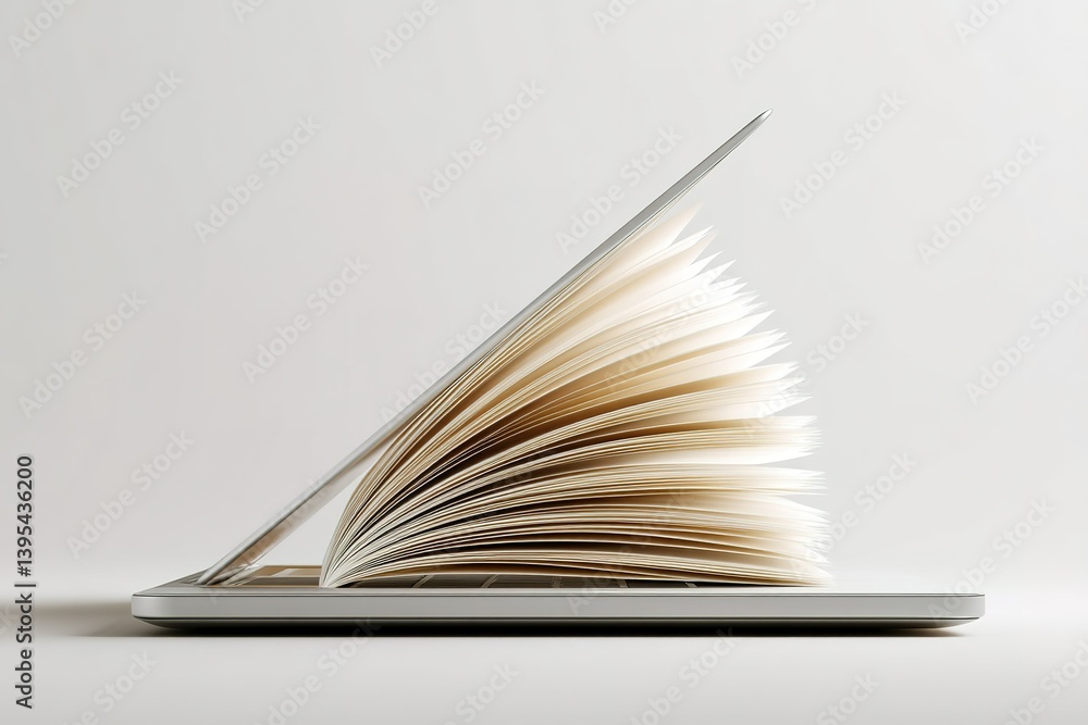 Poster open laptop with book pages fanned out on keyboard in a minimalist setting showcasing blending of te