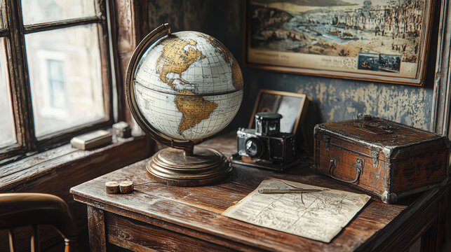 A vintage globe sits on an antique wooden desk near a window alongside a vintage camera old maps and a weathered wooden chest evoking a sense of exploration and adventure.