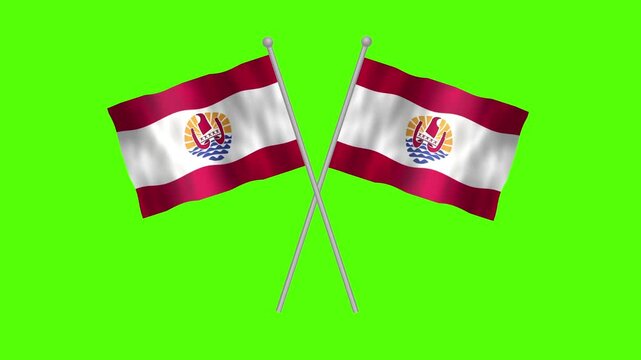 Flag of Frence Polynisia, Cross table Flag of Frence Polynisia on Green screen chroma key, Frence Polynisia 3D Animation flag waving in the wind isolated on Green Background. 
