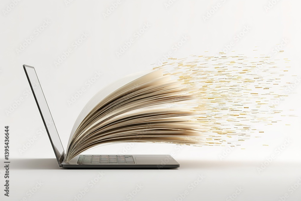Aufkleber digital transformation of reading with a laptop and flying pages symbolizing knowledge