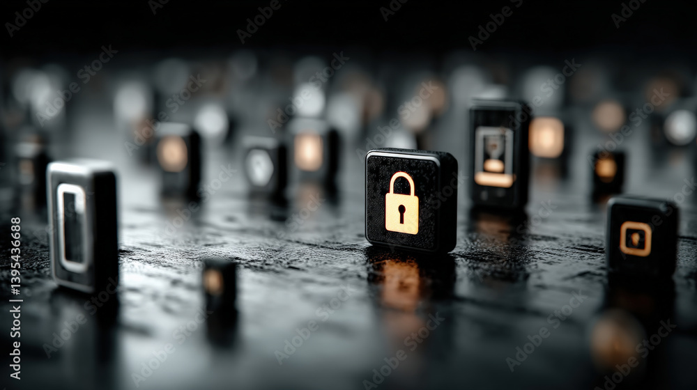 Poster digital privacy concept image features floating icons of locks and passwords on dark, reflective surface, symbolizing security and protection in virtual environment