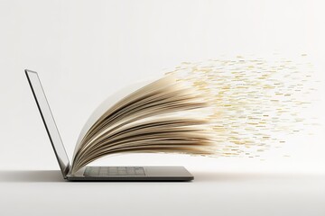 Digital transformation of reading with a laptop and flying pages symbolizing knowledge